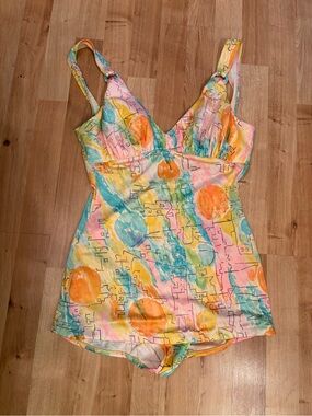 Vintage Sirena Romper Style Bathing Suit in Size 16 in a Mod Abstract Design